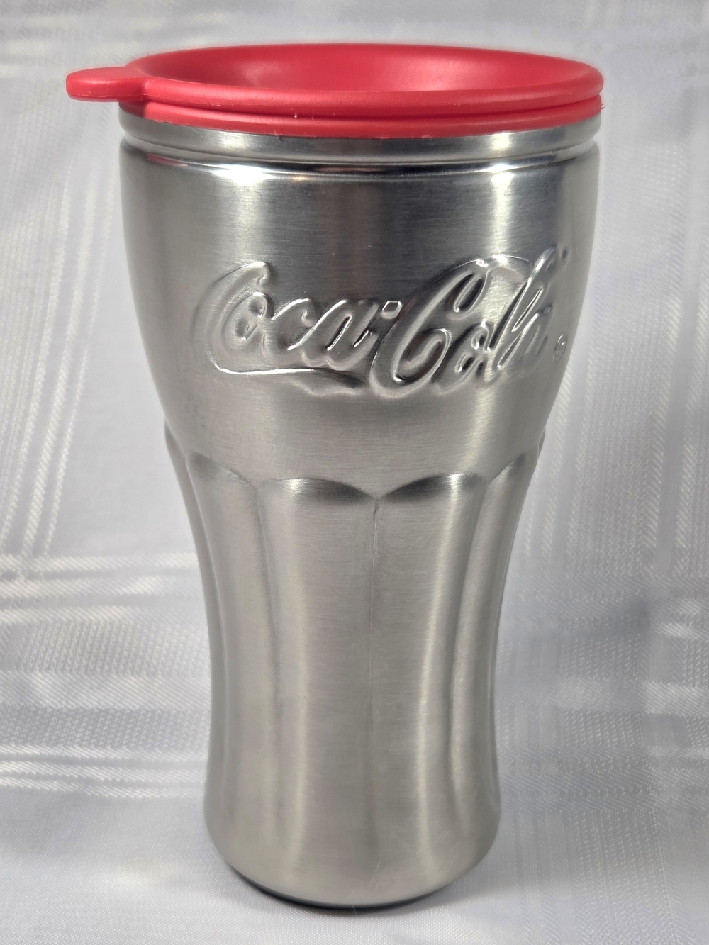Coke Coca Cola SS Insulated Metal Hot Cold Drink Travel Cup Mug Lid 7”x 3.75”